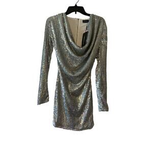 Pretty Little Thing Silver Sequin Cowl Neck Bodycon Dress NWT Size 2